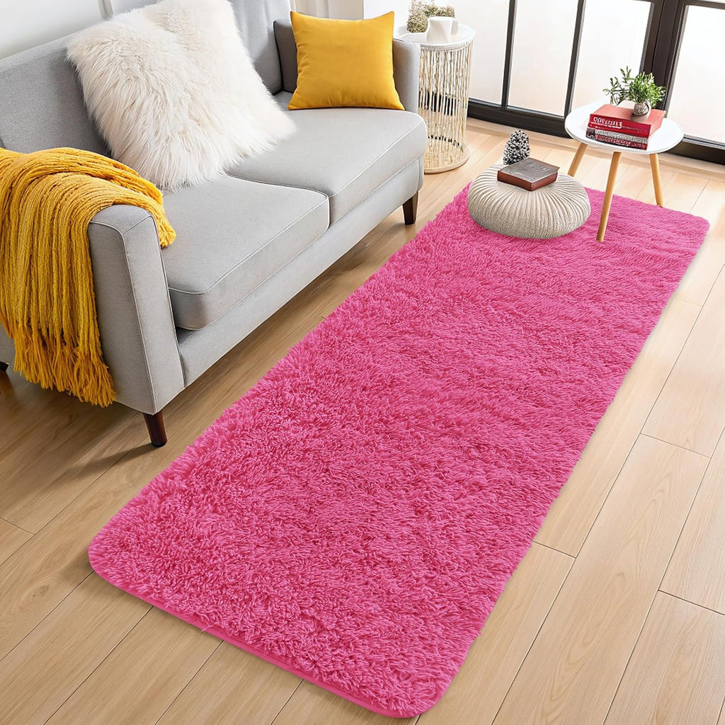 OLANLY Soft Fluffy Shaggy Runner Rugs - Machine Washable 2x5 for Hallway, Bedroom & Nursery | Hot Pink Home Decor