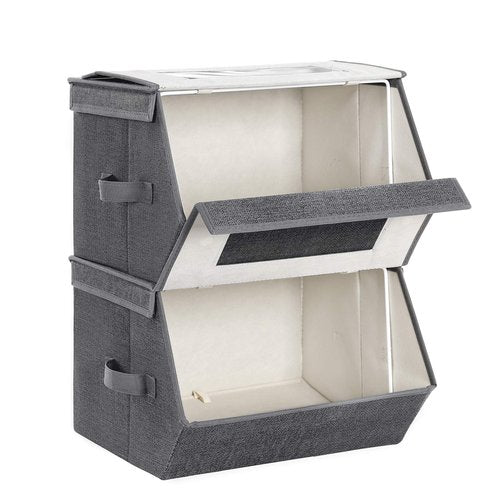 SONGMICS Stackable Storage Bins Set of 2, Storage Boxes with Lids and Front Windows, Non-Woven Fabric Closet Organizers with Magnetic Closures, Side Handles, Dark Gray URPLB02G