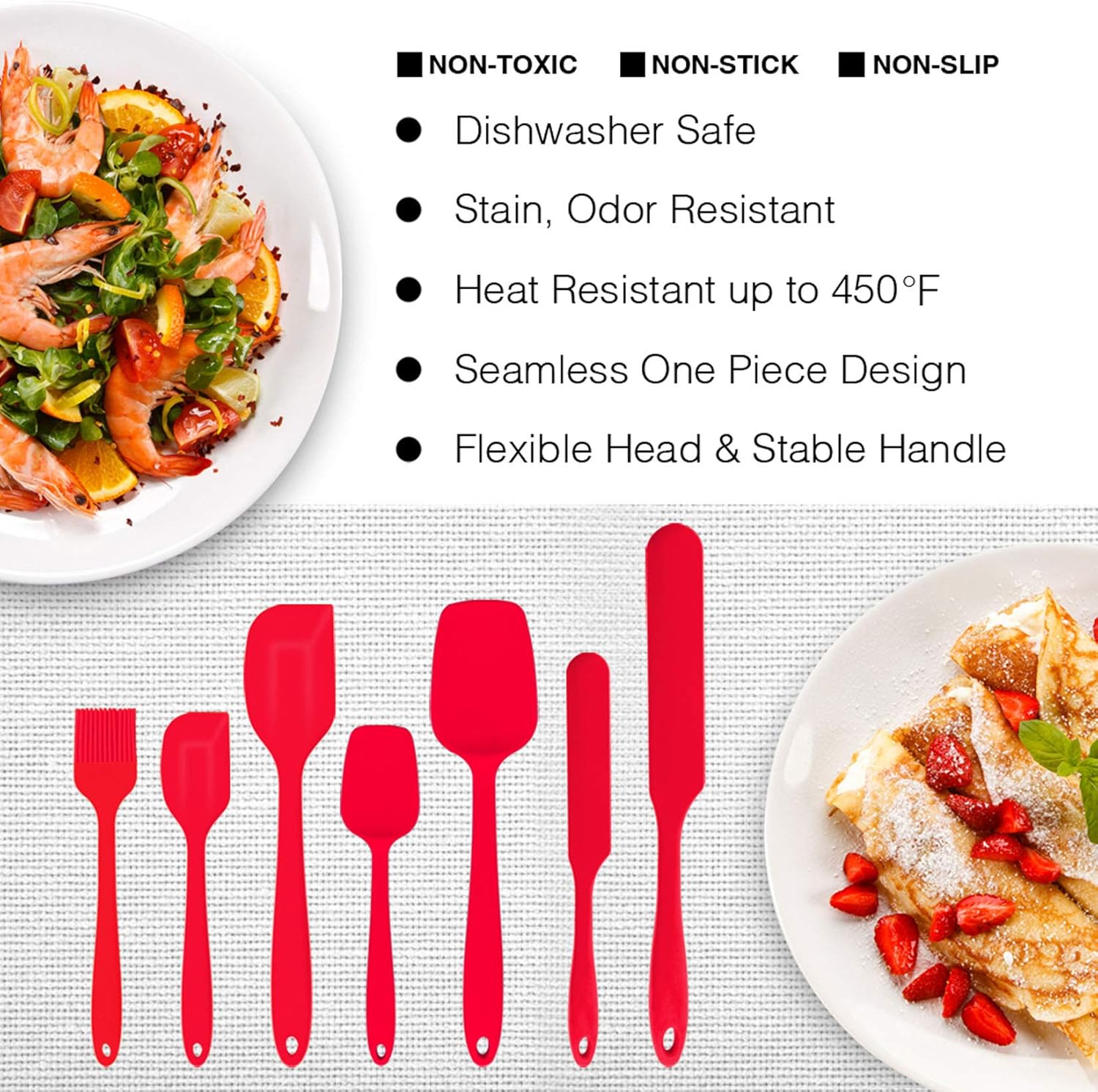 P&P CHEF Silicone Spatula Set - 7 Heat-Resistant Kitchen Utensils for Non-Stick Cooking | Flexible & Dishwasher Safe, Red