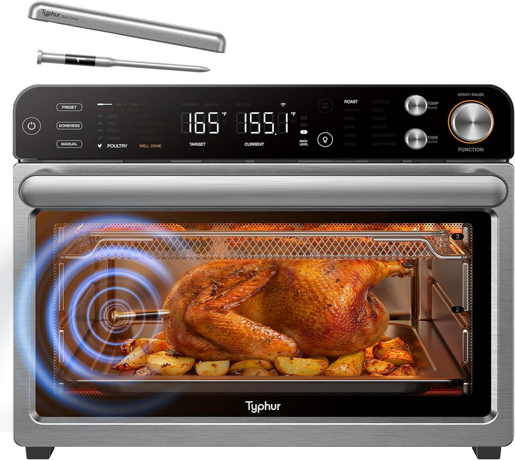 Typhur Sync Oven - 12-in-1 Countertop Air Fryer Toaster Oven Combo | Smart AI Wireless Meat Thermometer, 27QT, Stainless Steel