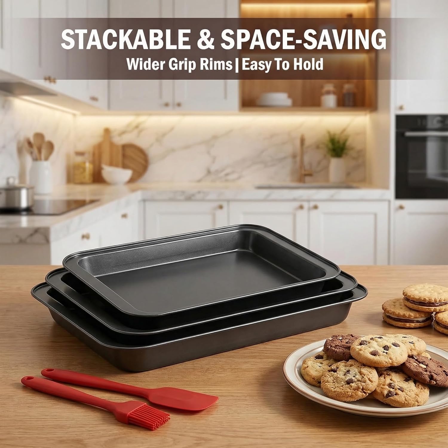 Skiennix Nonstick Baking Sheet Pan Set of 3 - Stackable, Multi-Depth, Rust & Warp Resistant, Easy Clean