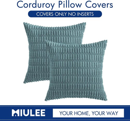 MIULEE Corduroy Decorative Throw Pillow Covers - Soft Boho Striped Design | 18x18 Inch Coastal Blue for Modern Home Decor