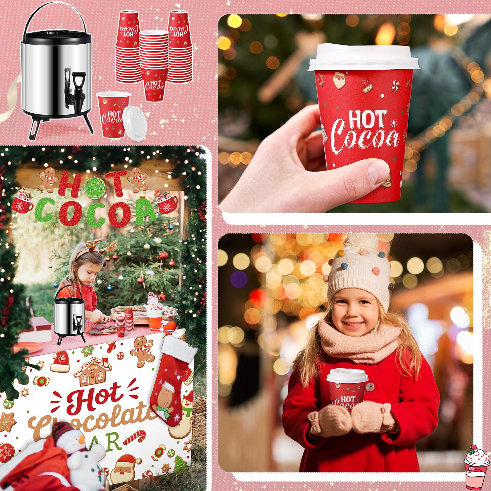 Sliner 103 Pcs Hot Chocolate Stand Bar Supplies Kit Include 1.3 Gallon Hot Cocoa Drink Dispenser, Banner Sign, Tablecloth, 100 Disposable Paper Cups with Lids for Christmas Winter Party(Multicolor)
