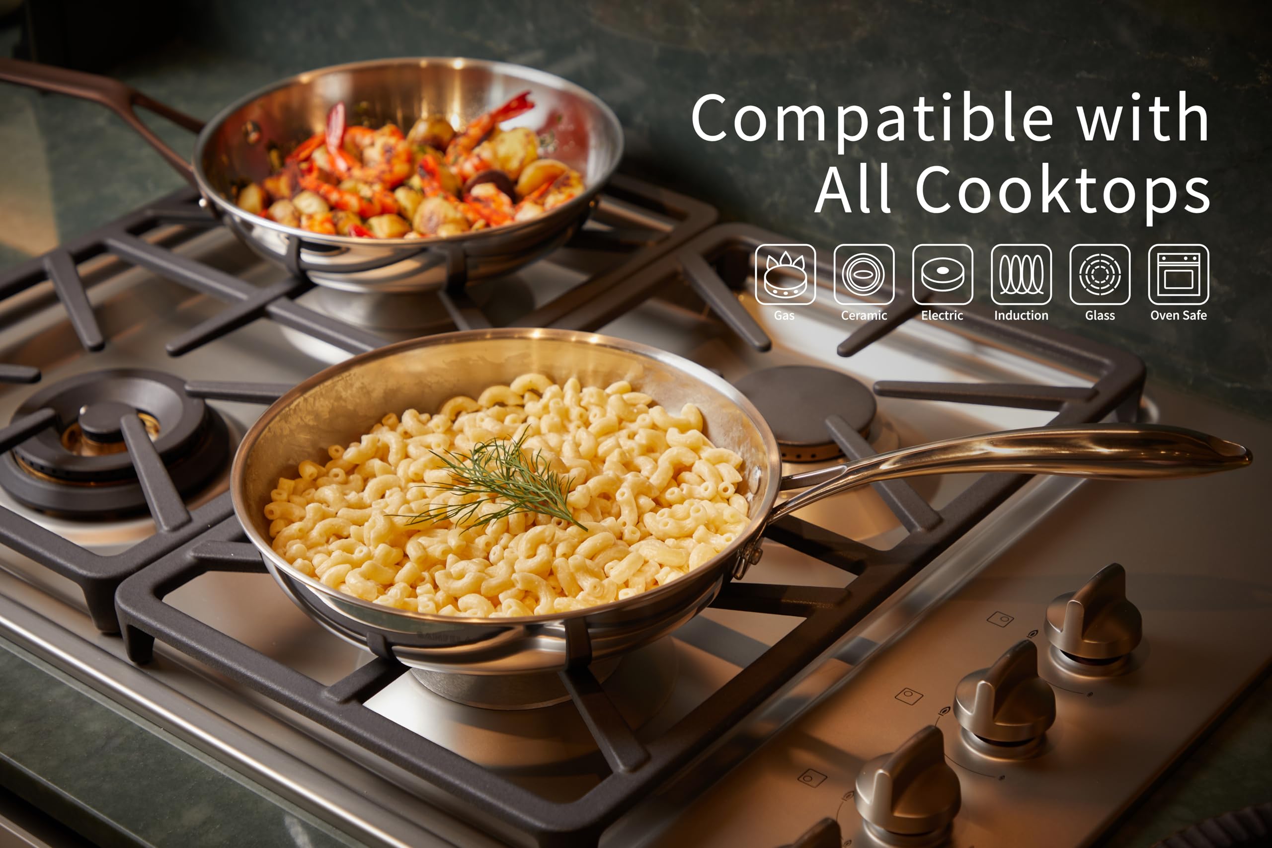 SANFELA 12 Inch Stainless Steel Frying Pan, 5-Ply Stainless Clad Design