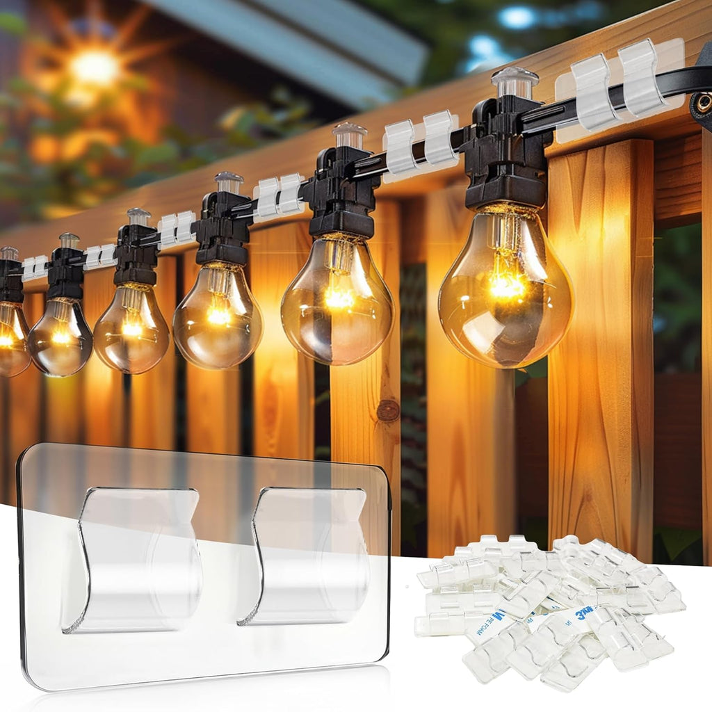 TW SHINE Outdoor String Light Hooks - 60 Pack Heavy Duty Clear Clips with Waterproof Adhesive Strips