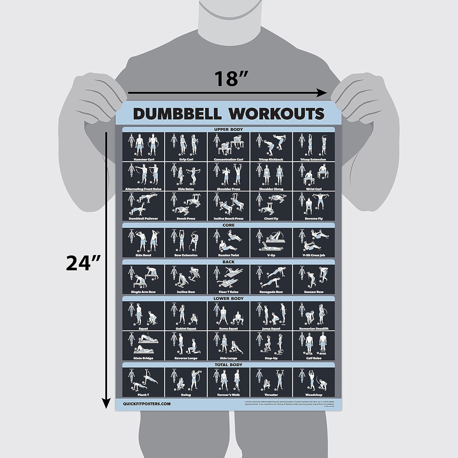 Palace Learning Dumbbell & Barbell Workout Poster Set - Laminated 2 Chart Set | 18” x 24” Size
