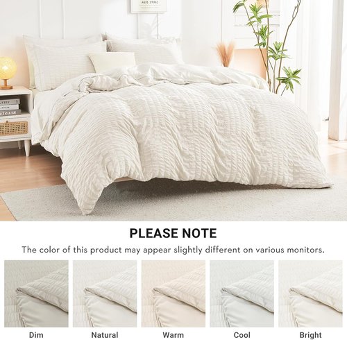 HYMOKEGE California King Comforter Set - 7-Piece Ivory Seersucker Luxury Bedding for All Seasons