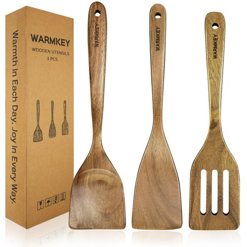 WARMKEY Natural Acacia Wood Spatula Set of 3, Nonstick Pan Safe Multipurpose Wooden Cooking Spatulas, Eco-Friendly Scratch-Proof Heat Resistant with Hanging Holes