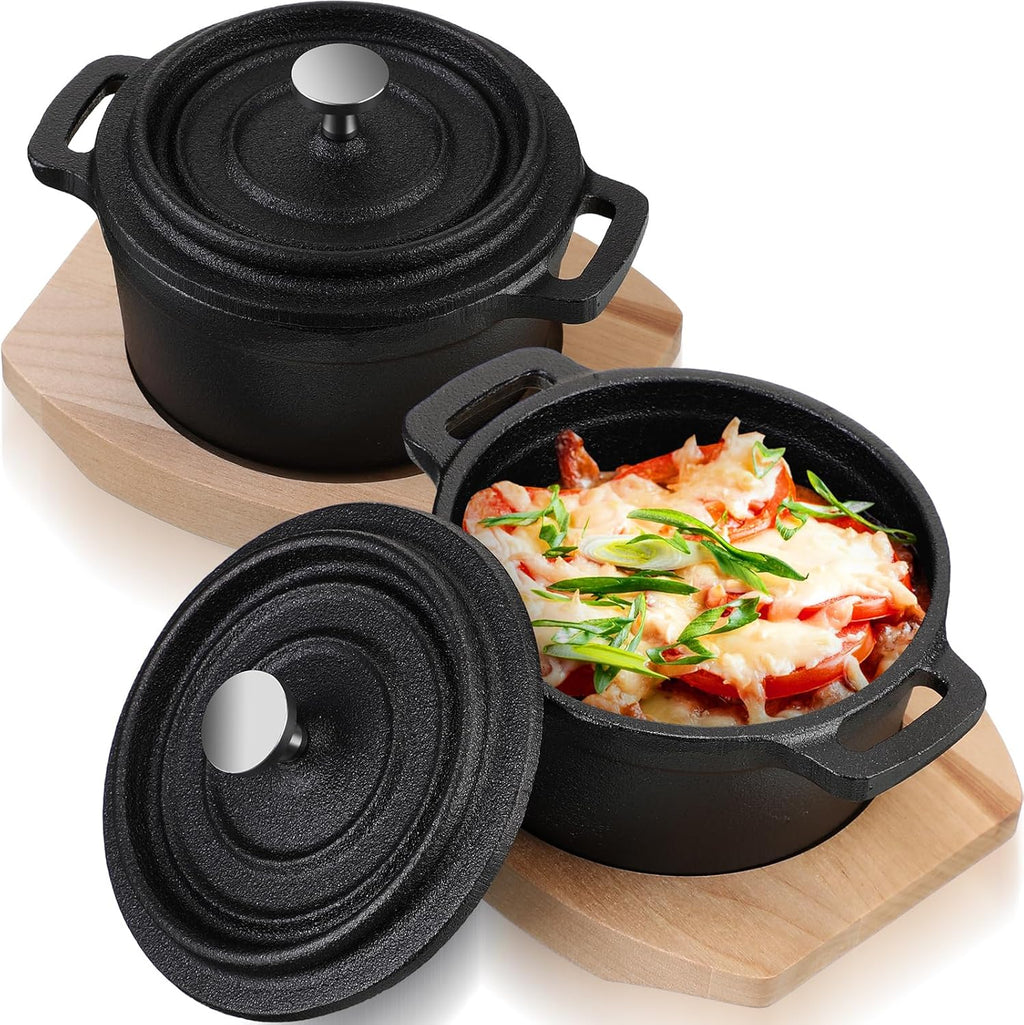 Skiennix 20 oz Dutch Oven Pot Set - Pre-Seasoned Cast Iron Casserole with Lid & Wooden Base | Heavy-Duty Black Cocotte