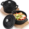 Skiennix 20 oz Dutch Oven Pot Set - Pre-Seasoned Cast Iron Casserole with Lid & Wooden Base | Heavy-Duty Black Cocotte