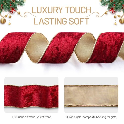 FAKILO Wired Velvet Ribbon 2-1/2 inch, Red Metallic Velvet Wire Ribbon for Wreath, Christmas Tree, Gift Wrapping, Large Bows, Garland, Festival Decor - Continuous 10 Yards/Roll