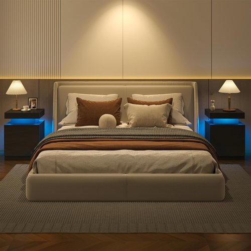 OneBlis Nightstands Set 2, 15 Inches LED Night Stand Set of 2, Modern Bedside Table with LED Lights, High Gloss Surface, End Table with Storage for Bedroom, Black