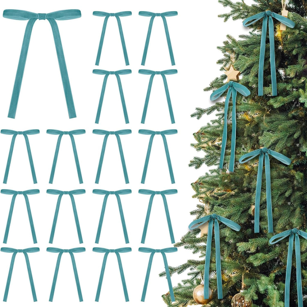 Skiennix 24 Pcs Velvet Bows - Vintage Ribbon Bows for Christmas Tree & Crafts | Turquoise (5 x 7 Inch, 3/8" Width)