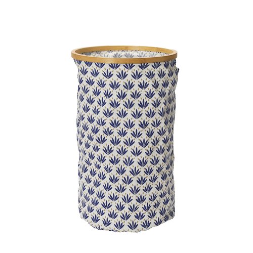 Household Essentials Bamboo Rimmed Round Krush Hamper with Cutout Handles, Blue Cacti