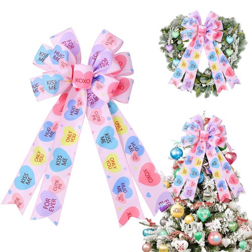 Liliful Valentine's Day Tree Topper Bows Pink Candy Heart Wreath Bow Decoration Gift Conversation Heart Topper Bows for Front Door Holiday Wreath Wedding Party Wall Home Outdoor Decor