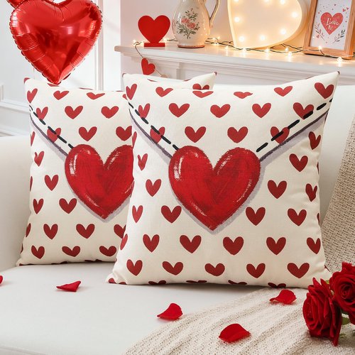 OTOSTAR Valentine's Day Throw Pillow Covers 18x18 Inch Set of 2, Red Hearts Envelope Anniversary Wedding Decorative Pillow Cases Winter Holiday Cushion Covers for Sofa Couch