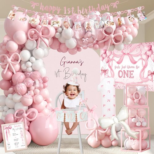 Pink Bow 1st Birthday Decorations, First Birthday Party Supplies for Girl, Pink White Balloon Arch Balloon Box Girls Just Wanna Be One Backdrop High Chair Banner
