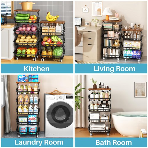 5 Tier Vegetable Fruit Basket for Kitchen, Stackable Metal Fruit and Vegetable Storage Baskets with Rolling Wheels Cart, Pantry organizers and storage for Kitchen Bathroom Livingroom Laundry room Cart