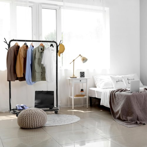 Simple Houseware Industrial Style Garment Rack with Wheels and Hooks, Black