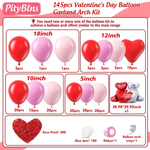 PityBlns Valentine's Day Balloon Arch Kit -345Pcs Rose Petals Valentines Foil Balloon Heart Red Pink Hot Pink Latex Balloons Garland Kit for Valentines Day Galentines Day Anniversary Party Decorations