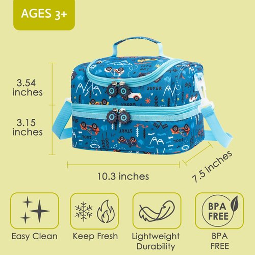 Life on track Insulated Kids Dual Compartment Lunch Bags Tote Pack for Girls Boys Toddler Kindergarten School Picnic Food Cooler Boxes with Shoulder Strap (Blue Car)