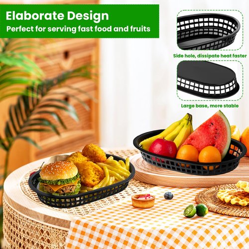 100 Pack Fast Food Baskets, 10.5 x 7 Inch Black Restaurant Tray Plastic Food Serving Baskets Bulk for Deli Serving, Chicken, Burgers, Picnics, Parties (100)