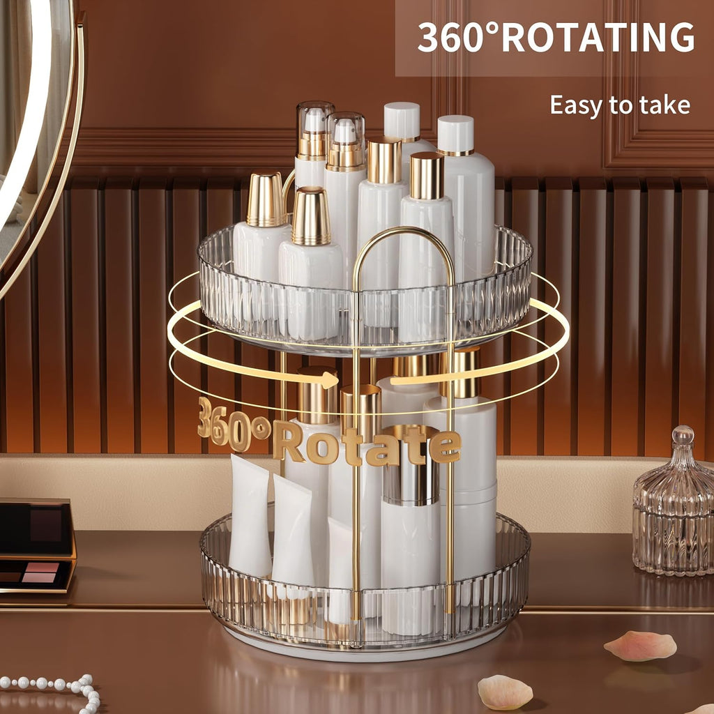 YCIA&DONE 360 Rotating Makeup Organizer - High Capacity Cosmetic & Skincare Storage | Clear White, 2 Tiers