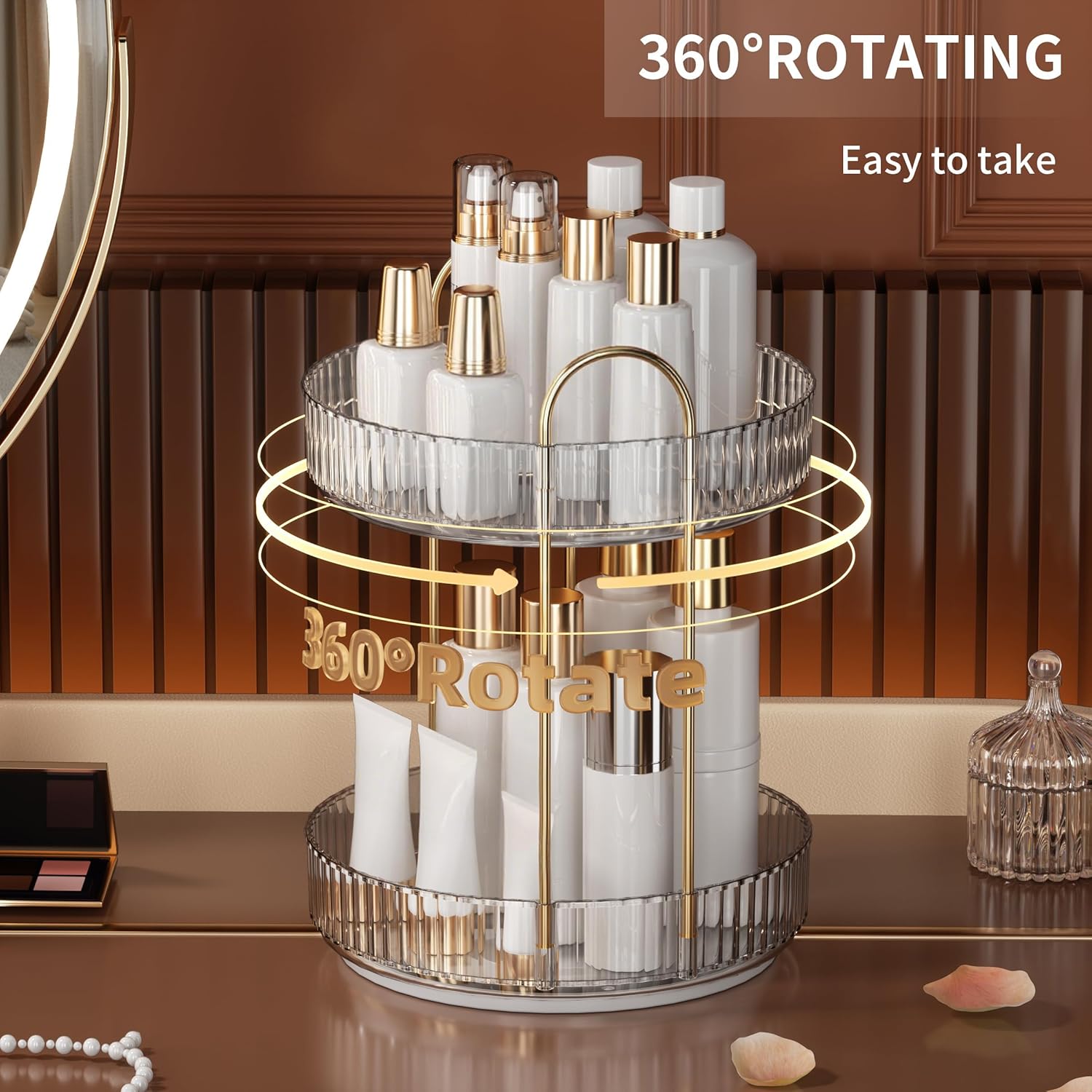 YCIA&DONE 360 Rotating Makeup Organizer - High Capacity Cosmetic & Skincare Storage | Clear White, 2 Tiers