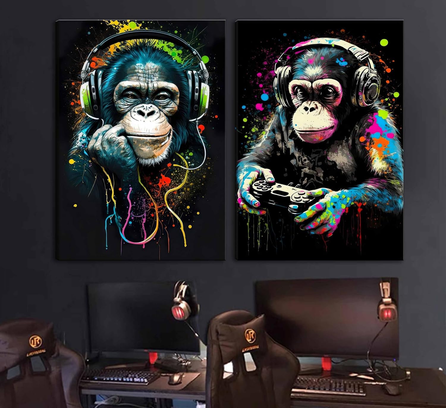 **Graffiti Gaming Canvas Wall Art - Vintage Watercolor Chimpanzee Poster for Boys' Game Room Decor**