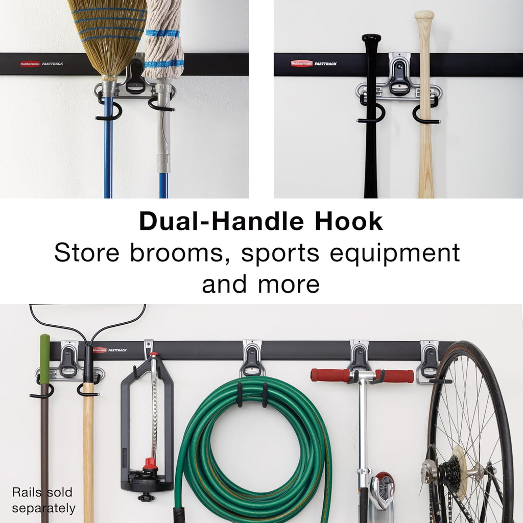 Rubbermaid FastTrack 2-Handle Hook - Space-Saving Garage Storage Solution | Metallic Powder-Coated Steel for Rakes, Brooms, Toys, Ladders