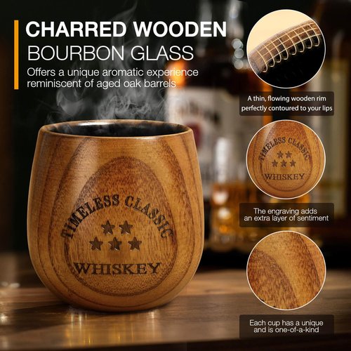 SALUNA Bourbon Glasses Set of 4 - Charred Wooden Bourbon Drinking Glass 4 Pack 10 Oz, Whiskey Glasses Set 4 with Drain Rack and Metal Ice Cubes, Bourbon Gifts for Men, Dad on Birthday Anniversary