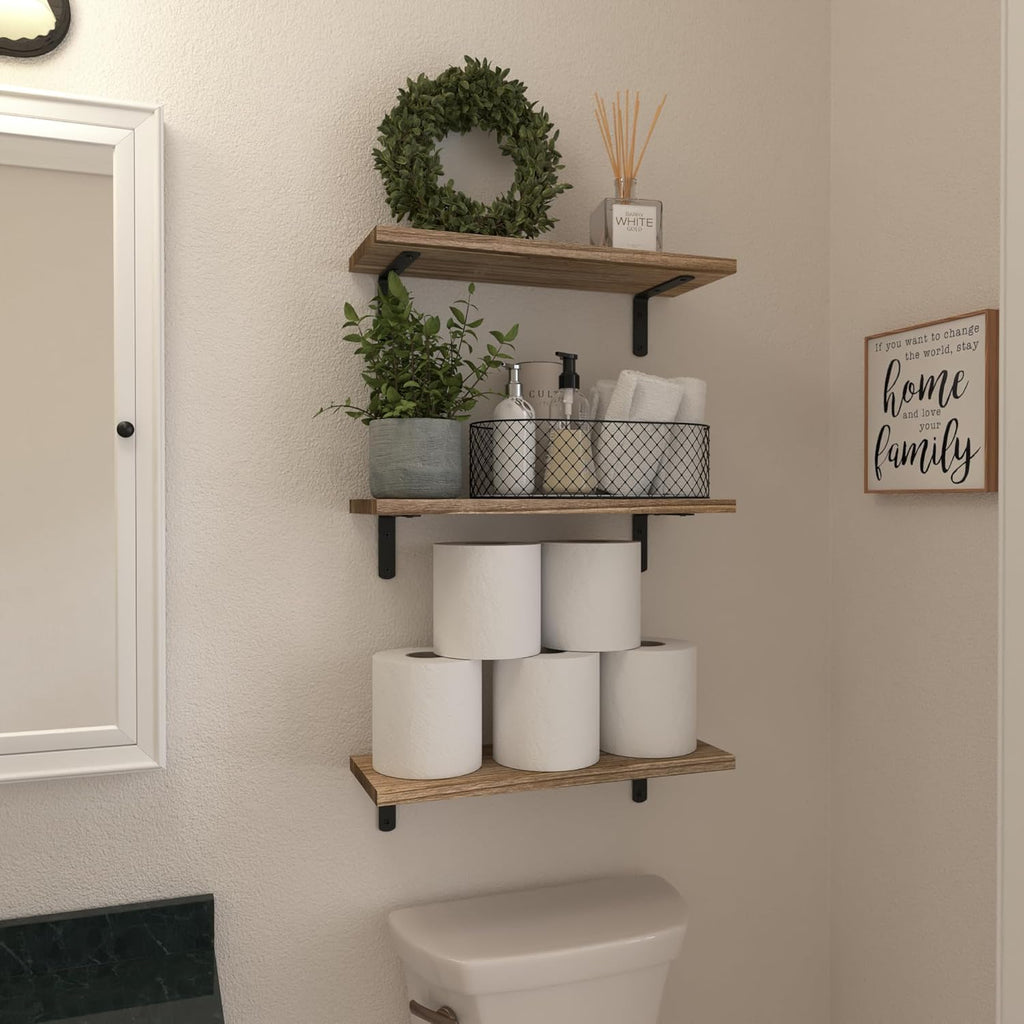 WOPITUES Wood Floating Shelves - Set of 6 Rustic Brown Wall Decor for Bedroom, Bathroom & Living Room