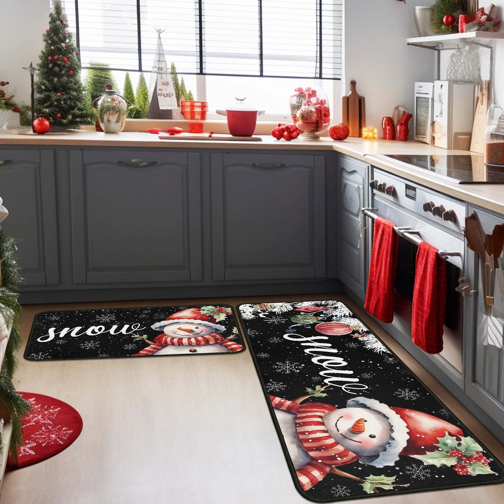 Yovirinto Red Buffalo Plaid Snowflake Christmas Kitchen Rugs and Mats Set of 2, Winter Home Decor Low-Profile Floor Mat Decorations for Home Kitchen 17"x47"+17"x30"