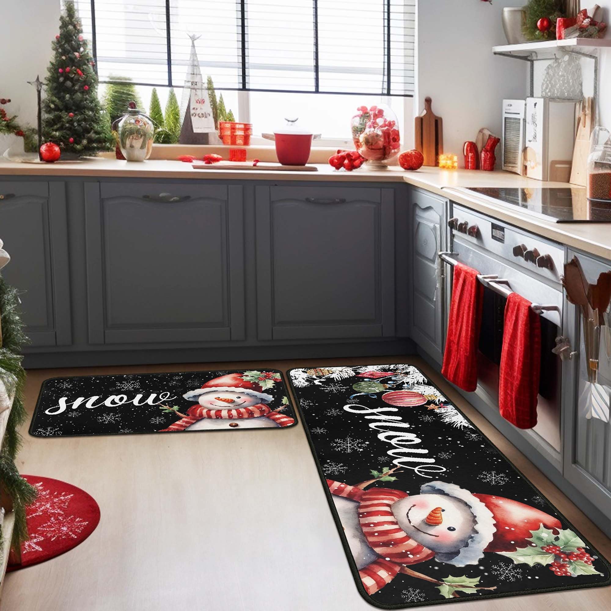 Yovirinto Red Buffalo Plaid Snowflake Christmas Kitchen Rugs and Mats Set of 2, Winter Home Decor Low-Profile Floor Mat Decorations for Home Kitchen 17"x47"+17"x30"