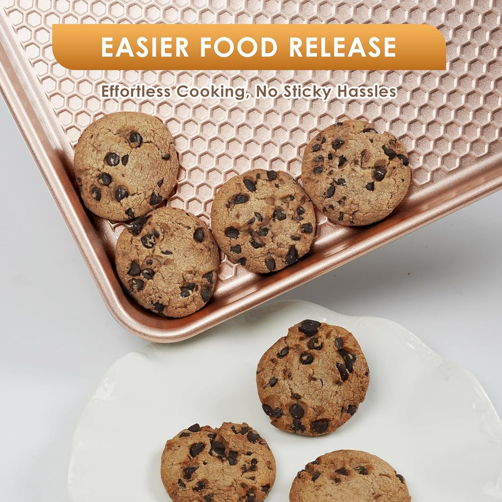 Skiennix Baking Sheet Pan Set - Nonstick Carbon Steel Cookie Sheets | Heavy Duty & Easy Clean, Rose Gold - 3-Piece Set