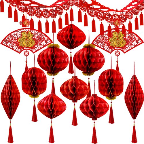 Winlyn Chinese Lunar New Year Party Decorations Good Luck Garlands Red Paper Lanterns with Tassels Lucky Fu Ornaments for Asian Vietnamese Chinese TET 2026 Year of the Horse Home Wedding Holiday Decor