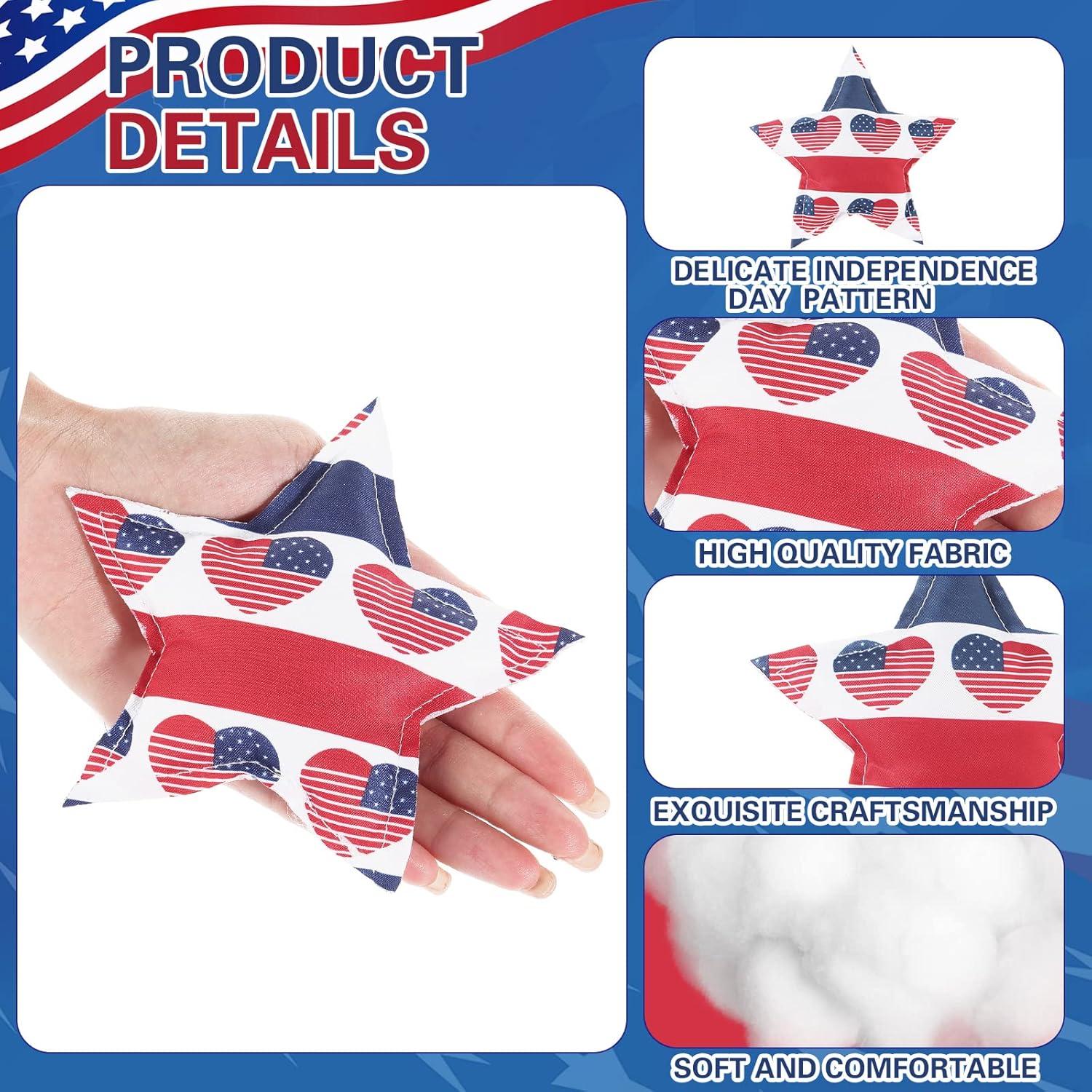 Oudain 15 Pcs Large 5-Inch Patriotic Star Ornaments - Stuffed Fabric Decor for 4th of July, Red White & Blue