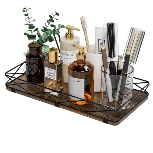 Lixple Toilet Paper Basket Holder, 13" Bathroom Tray Countertop, Wood and Metal Toilet Tank Tray Bathroom Vanity Organizer for Toiletry, Kitchen Sink Organizer for Soap Dispenser (Brown+Black)