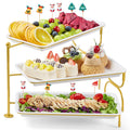 Lifewit 3 Tier Serving Tray for Party, 30 x 17 cm/12 x 6.5 Plastic Serving Platters, White Rotating Tiered Tray with Gold Collapsible Metal Stand, Decorative Dessert Table Display Set for Buffet