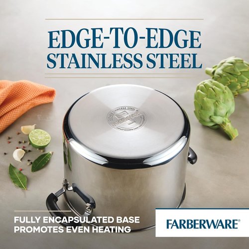 Farberware Brilliance Stainless Steel Stockpot - 8 Quart, Induction Ready, Dishwasher Safe, Glass Lid