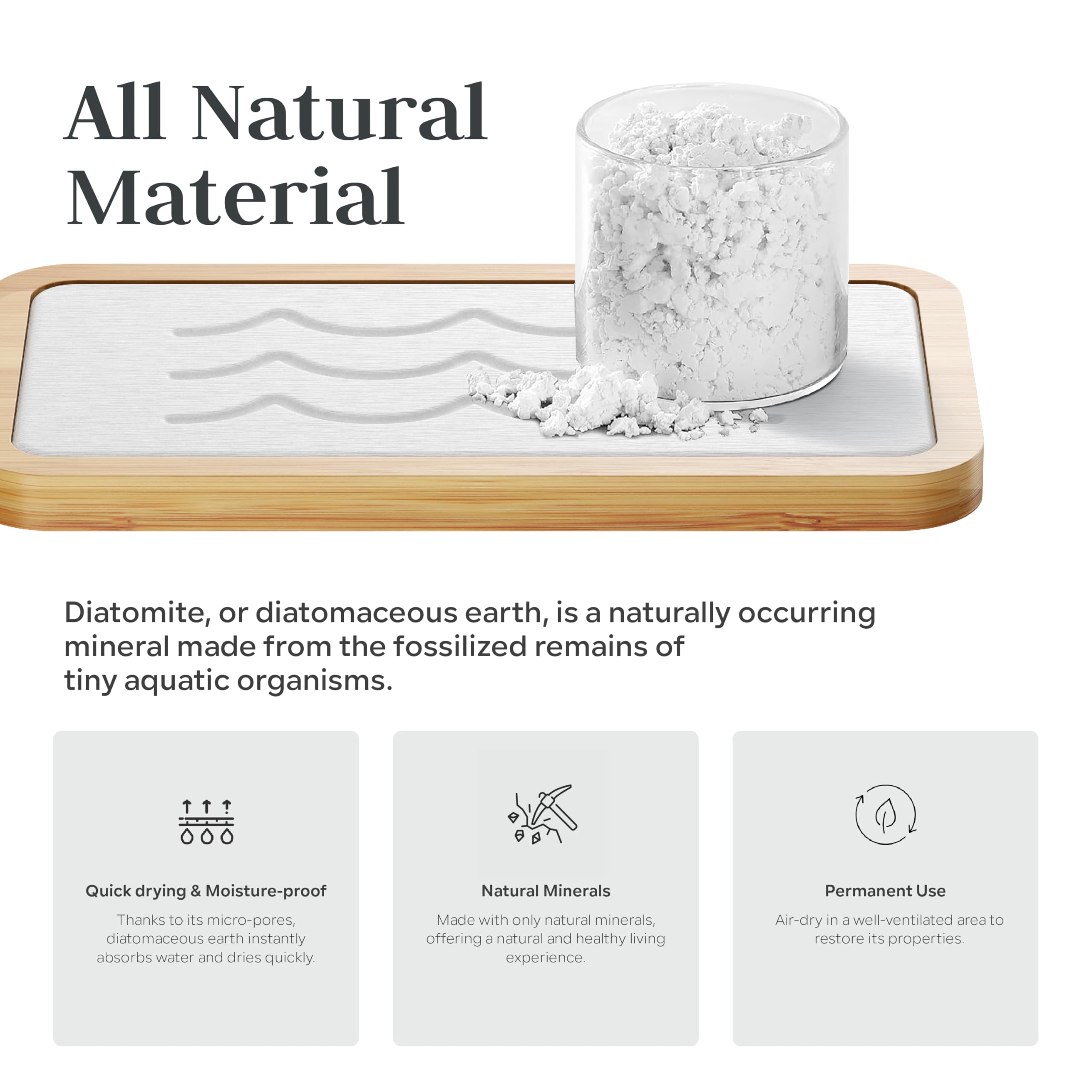 Water Absorbing Stone Tray for Sink, Kitchen Sink Caddy Organizer, Diatomite Bathroom Vanity Counter Tray, Soap Dispenser Sponge Holder, Fast Drying Stone Faucet Mat with Bamboo Tray