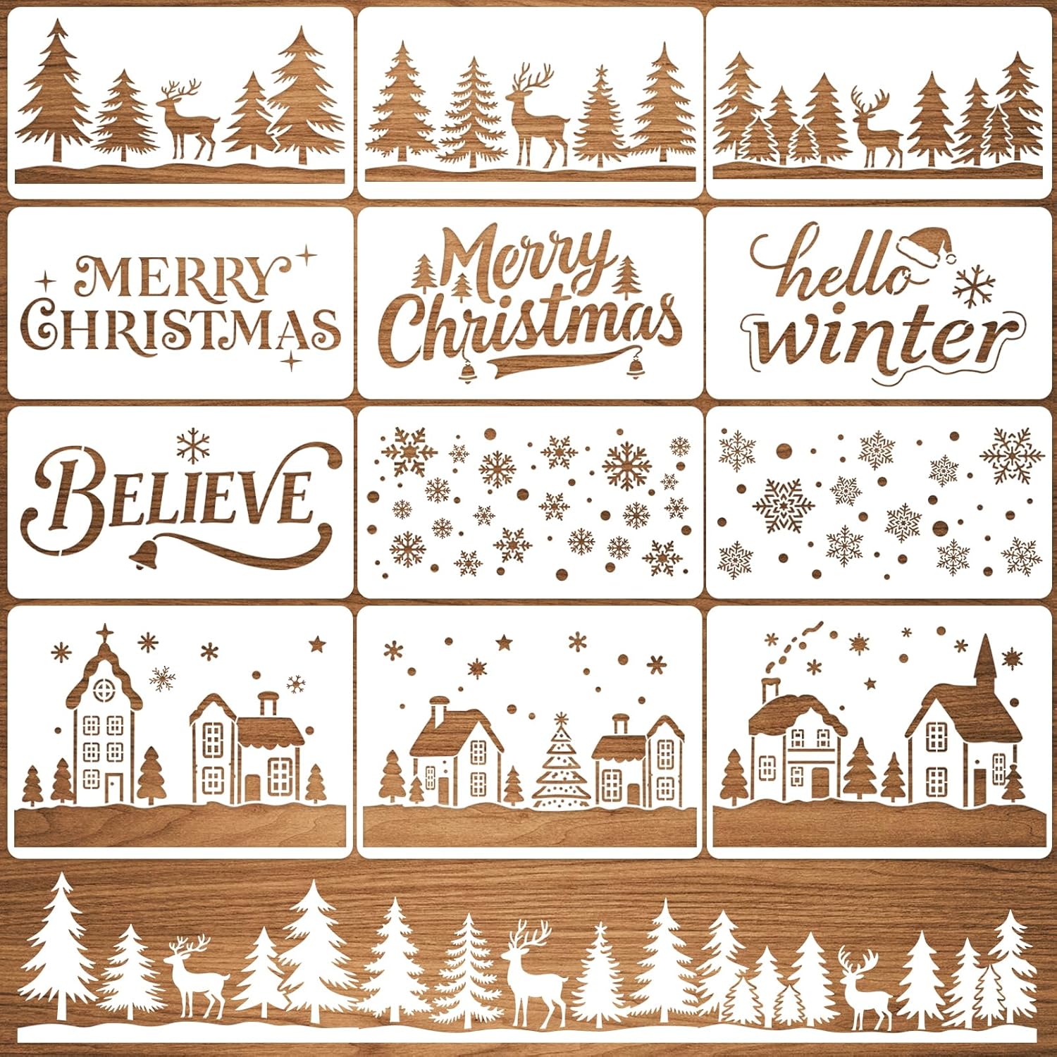 Skiennix Large Christmas Stencils - 12 Pcs Winter House, Snowflake & Pine Tree Designs for Painting on Wood & Glass