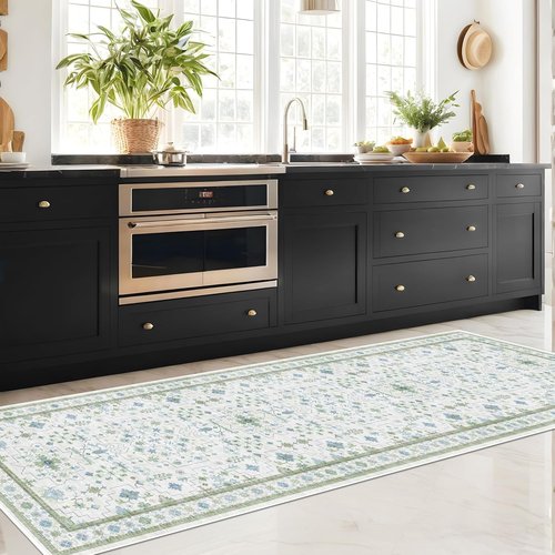 Hazo Haus Oushak Runner Rug - Floral Pastel Boho Design | Washable Low Pile Non-Slip 2x10 ft - Cream, Blue & Green