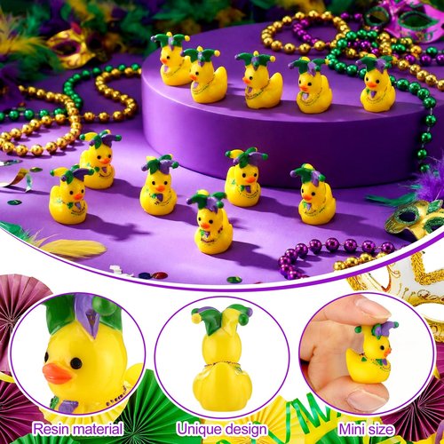 Weysat 60 Pcs Mini Mardi Gras Cruise Resin Ducks Tiny Yellow Green Purple Resin Ducks with Mardi Gras Hat Miniature Figurine Bulk Tabletop Shelf Decor for Masquerade Birthday Party Carnival Gift