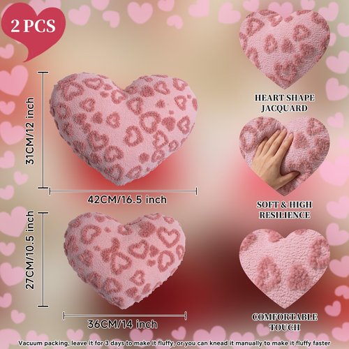 Lanpn Valentines Day Heart Pillows 2Pcs, Love Heart Shaped Pillow Plush Throw Pillow Decorative Cushion for Holiday Home Party Couch Bed Sofa Valentine's Day Decor (Light Pink,16.5x12in/14x10.5in)