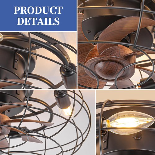 Caged Ceiling Fans with Lights and Remote 18" Black Flush Mount Outdoor Ceiling Fan lights Rustic Low Profile Reversible Bladeless Ceiling Fan for Patios,Farmhouse,Bedroom,Kitchen,Living room