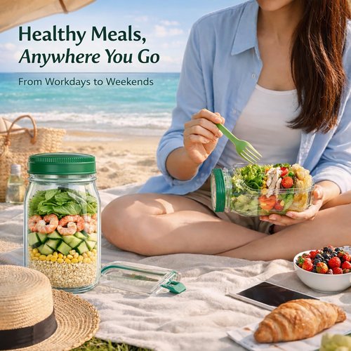 suvast Salad Jar With Side Opening,On-the-Go Lunch Bowl Container for Meal Prep,Portable Food Container for Work,Travel & Daily Use (1P)