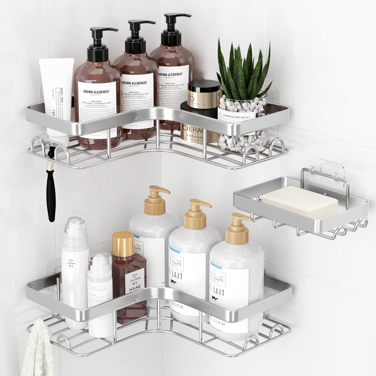 Sakugi Corner Shower Caddy - Rustproof Metal Organizer with Soap Holder & Hooks | 3-Pack, Large, Silver
