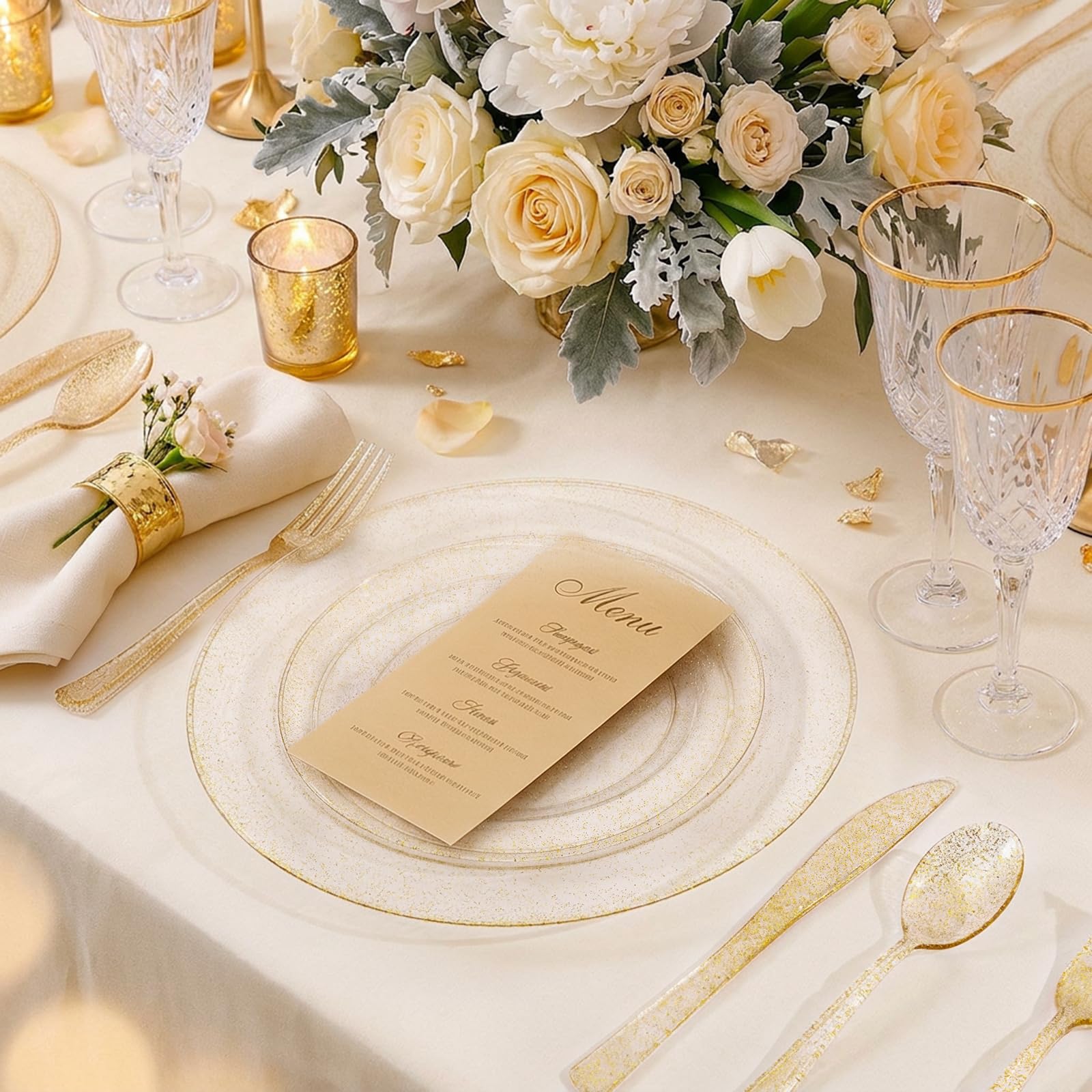 WDF 120PCS Gold Plastic Plates- Disposable Gold Glitter Plates, Premium Heavy Duty 60-10.25" Dinner Plate and 60-7.5" Salad Plate for Wedding Baby Shower Spring Birthday