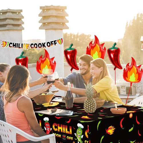 10 Pcs Chili Cook Off Decorations Set Chili Cook Off Banner Chili Pepper Disposable Tablecloth Plastic Table Cover Balloons Fire Balloons Chili Cooking Supplies Chili Pepper Decorations